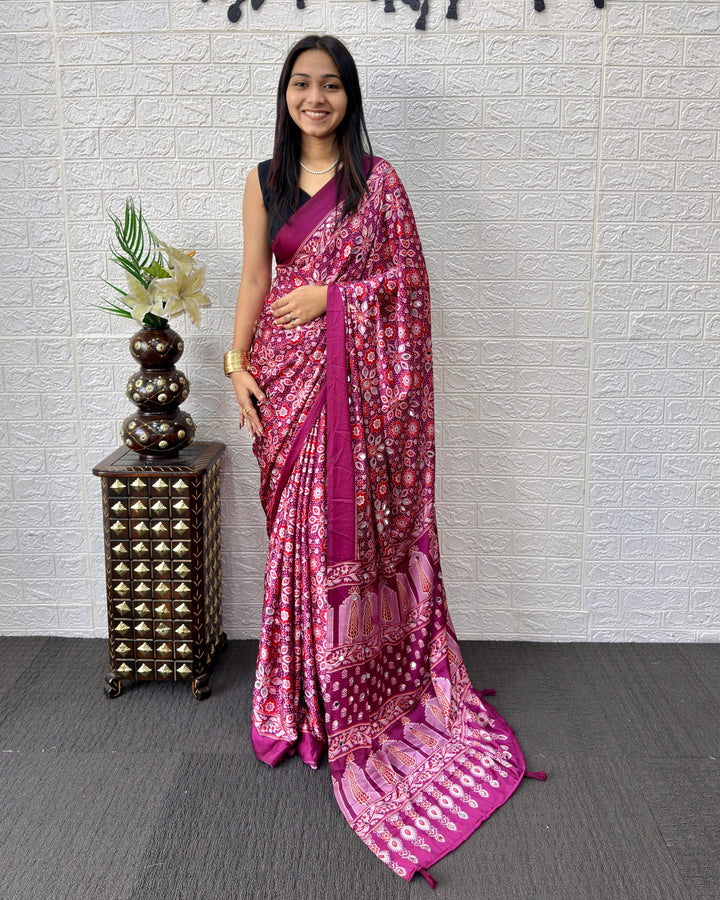 Ajrakh Chinnon Printed Saree with Tassel Detailing & Attached Blouse (No Mirror Work)