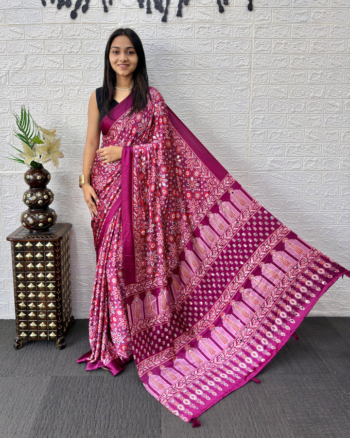 Ajrakh Chinnon Printed Saree with Tassel Detailing & Attached Blouse (No Mirror Work)