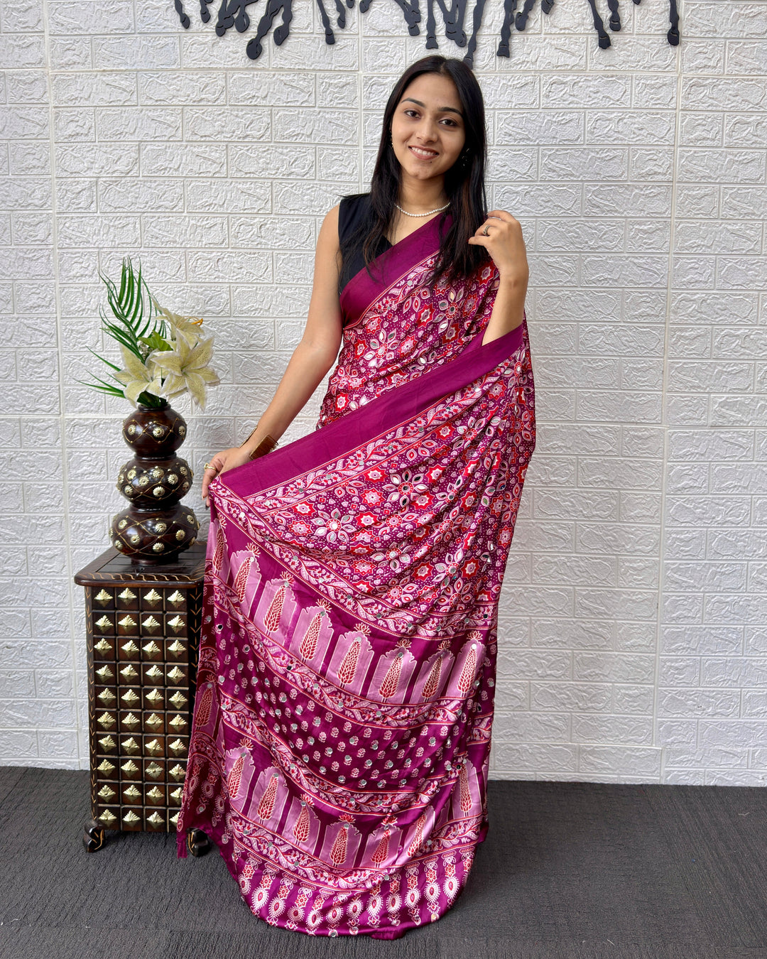 Ajrakh Chinnon Printed Saree with Tassel Detailing & Attached Blouse (No Mirror Work)
