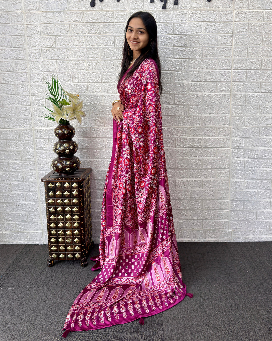 Ajrakh Chinnon Printed Saree with Tassel Detailing & Attached Blouse (No Mirror Work)