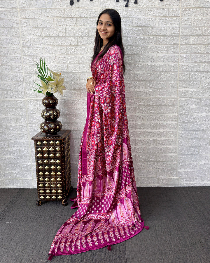 Ajrakh Chinnon Printed Saree with Tassel Detailing & Attached Blouse (No Mirror Work)