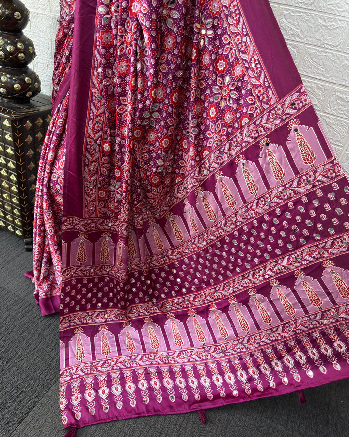Ajrakh Chinnon Printed Saree with Tassel Detailing & Attached Blouse (No Mirror Work)