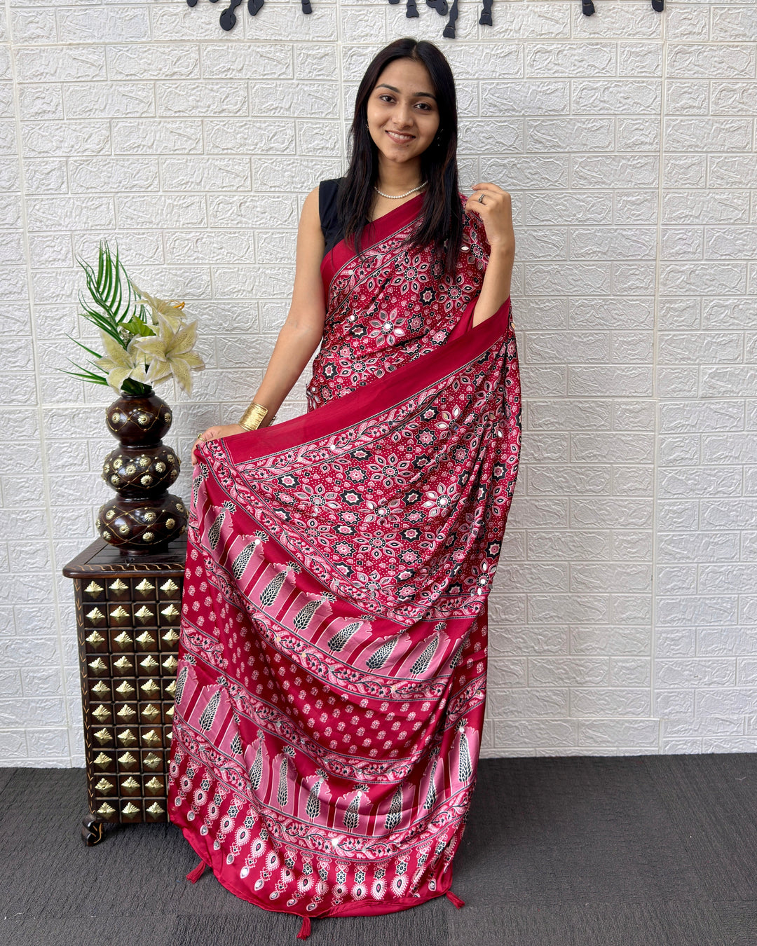 Ajrakh Chinnon Printed Saree with Tassel Detailing & Attached Blouse (No Mirror Work)