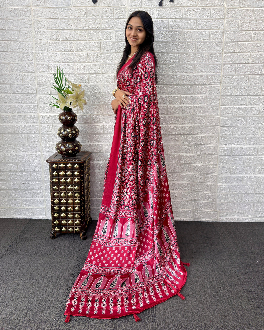Ajrakh Chinnon Printed Saree with Tassel Detailing & Attached Blouse (No Mirror Work)