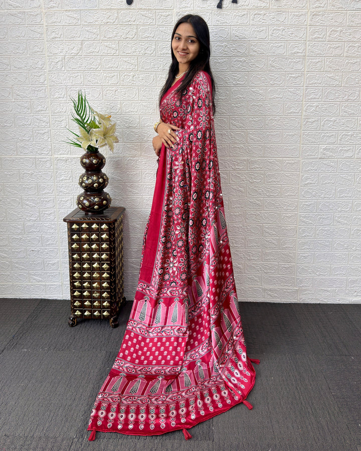 Red Modal Silk Saree with Geometric Floral Print & Heritage Designer Pallu | Festive & Party Wear Saree