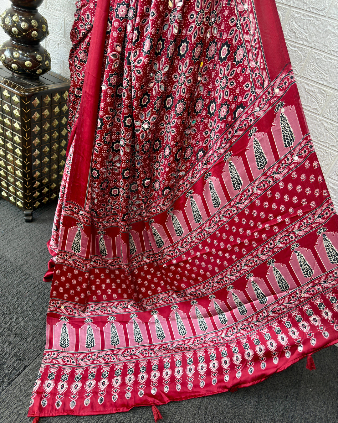 Ajrakh Chinnon Printed Saree with Tassel Detailing & Attached Blouse (No Mirror Work)