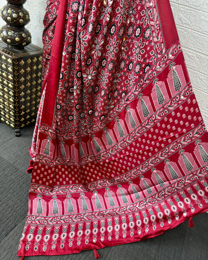 Ajrakh Chinnon Printed Saree with Tassel Detailing & Attached Blouse (No Mirror Work)