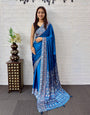 Royal Blue Satin Silk Saree with Kashmiri Paisley Print Pallu & Designer Border | Premium Festive Wear Saree