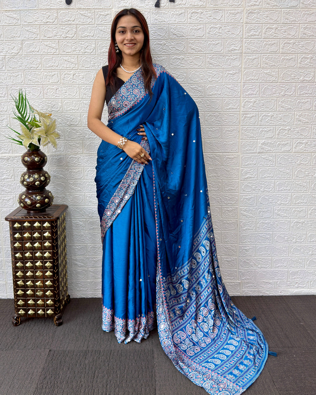 Ajrakh Chinnon Printed Saree with Tassel Detailing & Attached Blouse (No Mirror Work)