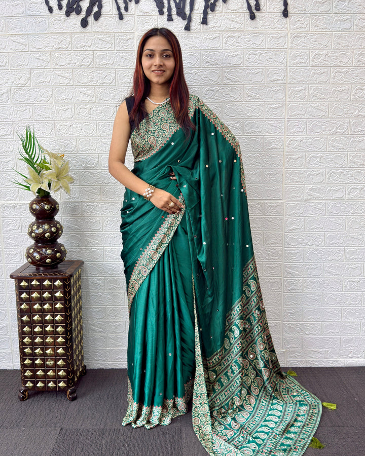 Emerald Green Satin Silk Saree with Kashmiri Paisley Print Pallu & Designer Border | Festive & Wedding Wear Saree