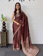 Chocolate Brown Satin Silk Saree with Kashmiri Paisley Print Pallu & Designer Border | Festive, Wedding & Party Wear Saree
