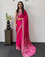 Rani Pink Satin Silk Saree with Kashmiri Paisley Print Pallu & Mirror Butti Detailing | Festive, Wedding & Party Wear Saree