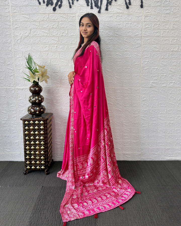 Rani Pink Satin Silk Saree with Kashmiri Paisley Print Pallu & Mirror Butti Detailing | Festive, Wedding & Party Wear Saree