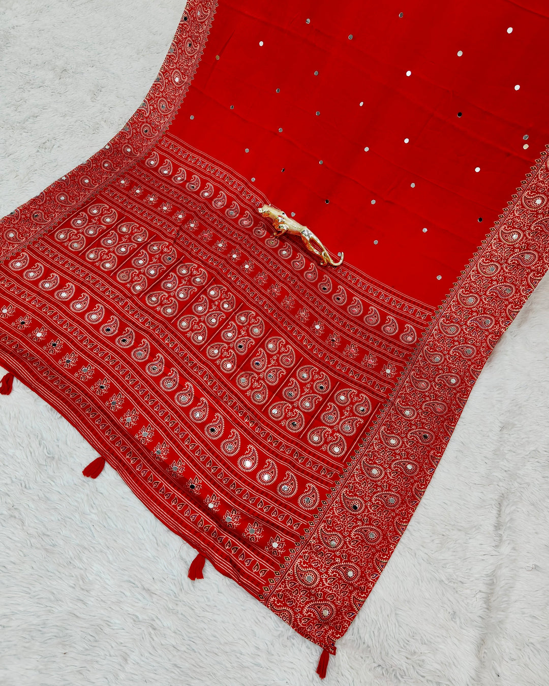 Red Satin Silk Saree with Kashmiri Paisley Print Pallu & Designer Border | Festive & Wedding Wear Saree