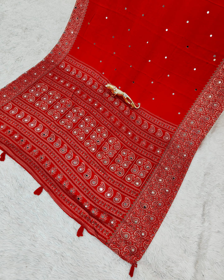 Red Satin Silk Saree with Kashmiri Paisley Print Pallu & Designer Border | Festive & Wedding Wear Saree