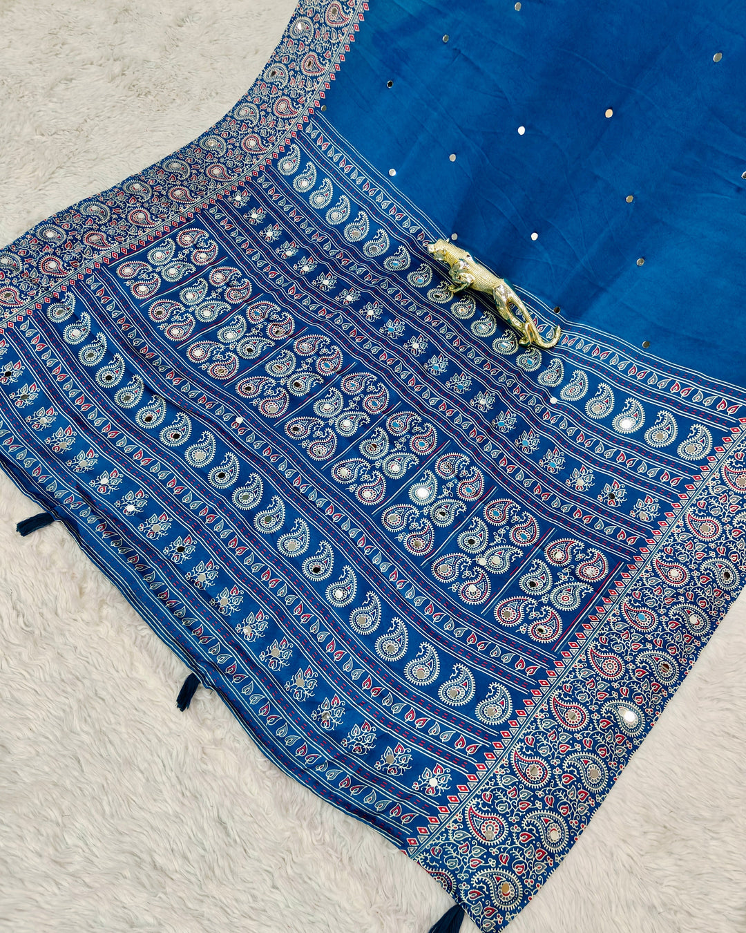Royal Blue Satin Silk Saree with Kashmiri Paisley Print Pallu & Designer Border | Premium Festive Wear Saree