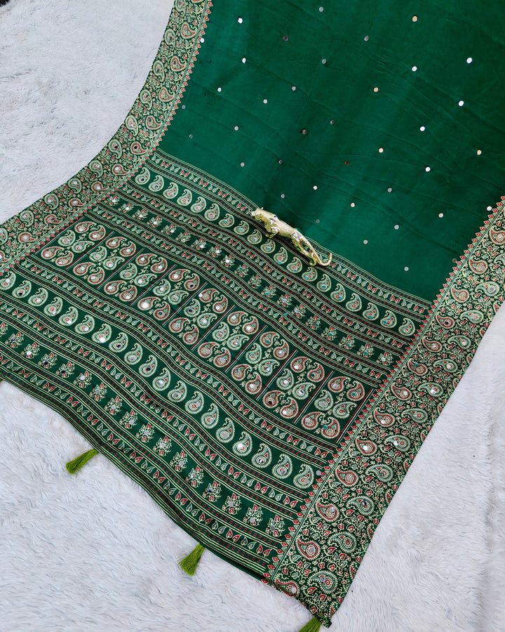 Emerald Green Satin Silk Saree with Kashmiri Paisley Print Pallu & Designer Border | Festive & Wedding Wear Saree