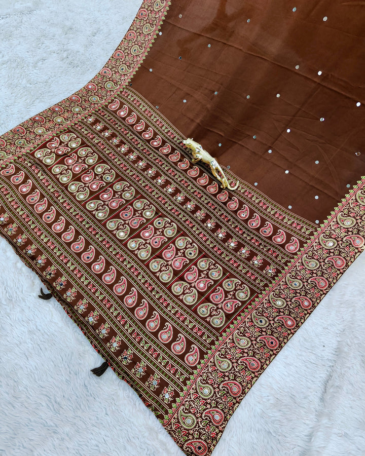 Chocolate Brown Satin Silk Saree with Kashmiri Paisley Print Pallu & Designer Border | Festive, Wedding & Party Wear Saree