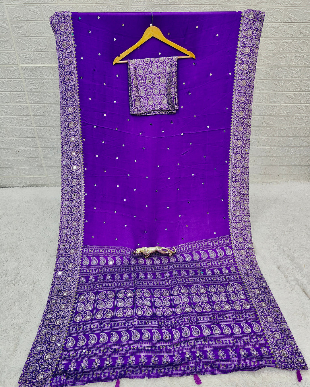 Royal Purple Satin Silk Saree with Kashmiri Paisley Print Pallu & Mirror Butti Detailing | Festive & Wedding Wear Saree