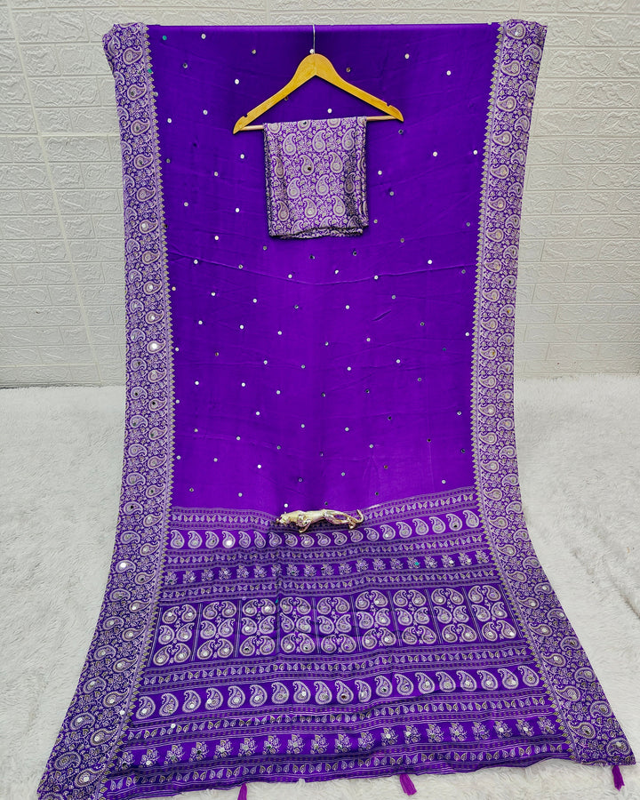 Royal Purple Satin Silk Saree with Kashmiri Paisley Print Pallu & Mirror Butti Detailing | Festive & Wedding Wear Saree