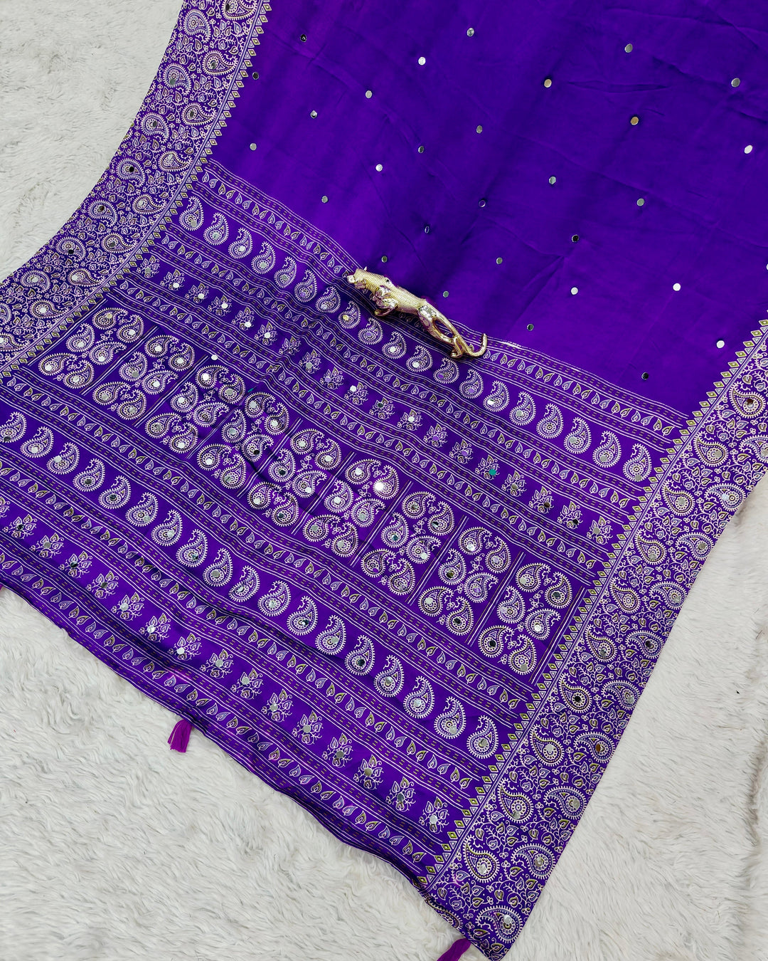 Royal Purple Satin Silk Saree with Kashmiri Paisley Print Pallu & Mirror Butti Detailing | Festive & Wedding Wear Saree