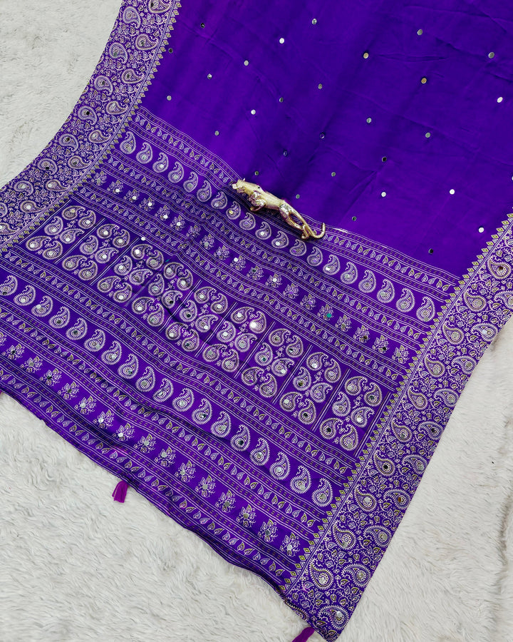 Royal Purple Satin Silk Saree with Kashmiri Paisley Print Pallu & Mirror Butti Detailing | Festive & Wedding Wear Saree