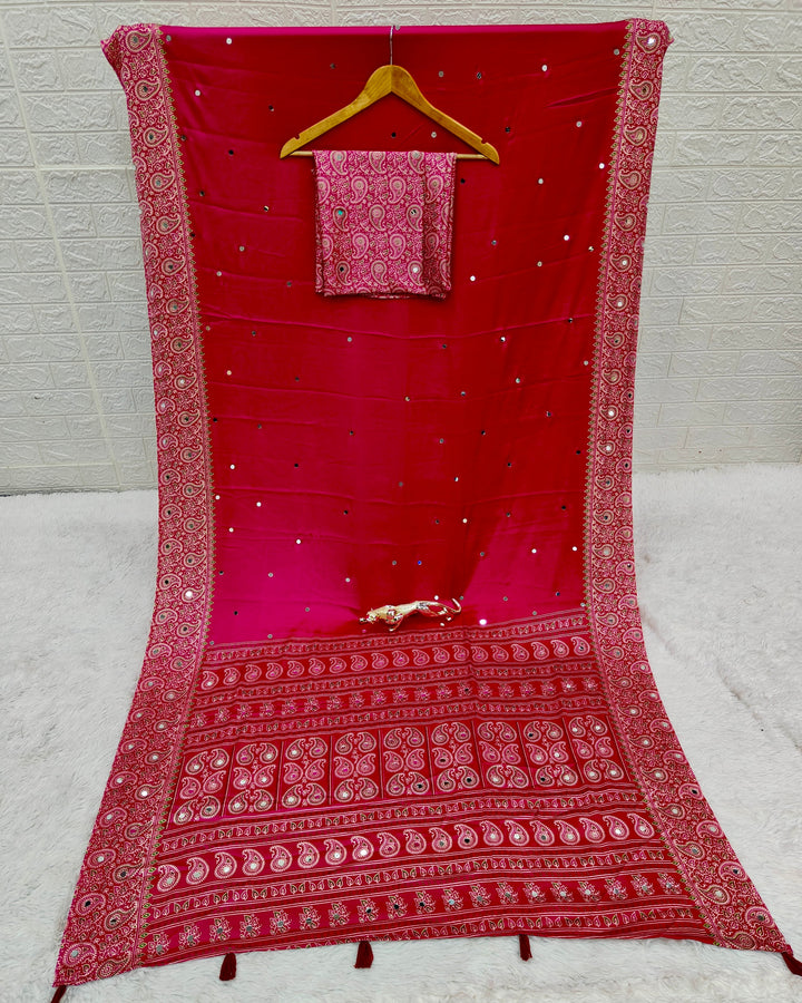 Rani Pink Satin Silk Saree with Kashmiri Paisley Print Pallu & Mirror Butti Detailing | Festive, Wedding & Party Wear Saree