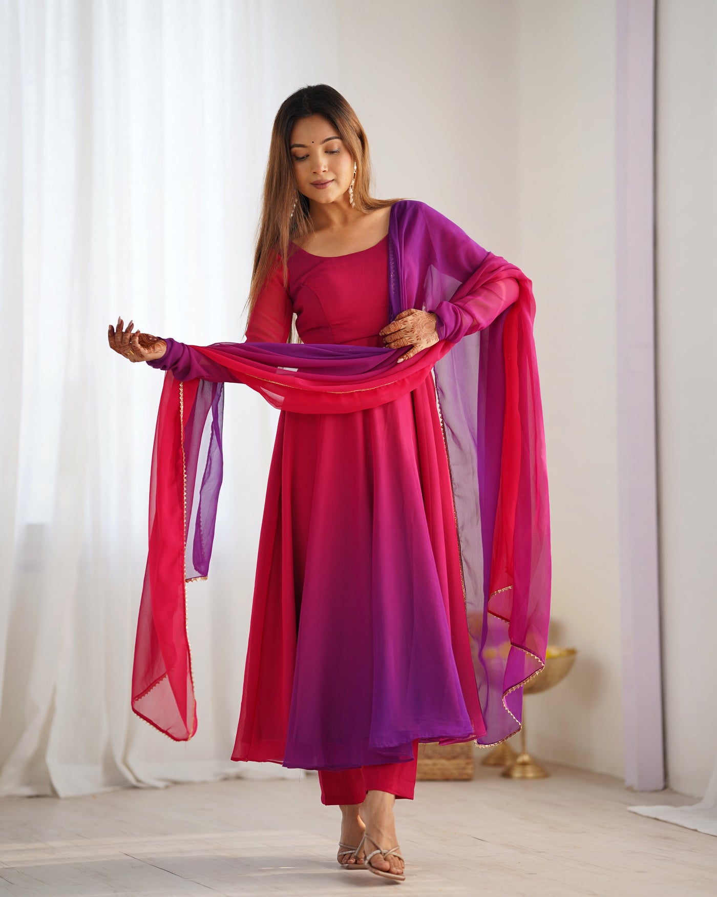 Vibrant Pink & Purple Ombre Fox Georgette Anarkali Set – A Dreamy Flair for Summer Weddings & Festivities