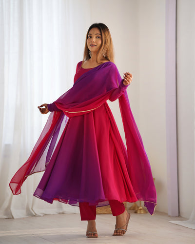 Vibrant Pink & Purple Ombre Fox Georgette Anarkali Set – A Dreamy Flair for Summer Weddings & Festivities