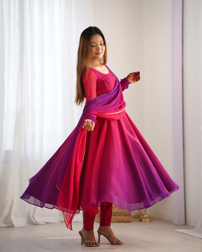 Vibrant Pink & Purple Ombre Fox Georgette Anarkali Set – A Dreamy Flair for Summer Weddings & Festivities