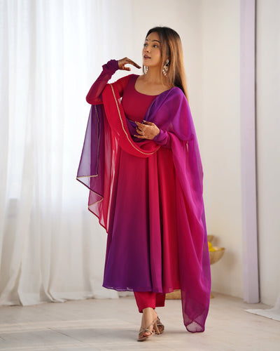 Vibrant Pink & Purple Ombre Fox Georgette Anarkali Set – A Dreamy Flair for Summer Weddings & Festivities