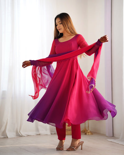 Vibrant Pink & Purple Ombre Fox Georgette Anarkali Set – A Dreamy Flair for Summer Weddings & Festivities