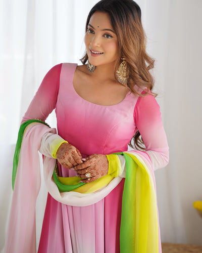 Pink, Yellow & Green Ombre Pure Soft Fox Georgette Anarkali Set – A Dreamy Elegance for Festive Glam ✨
