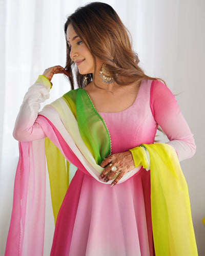 Pink, Yellow & Green Ombre Pure Soft Fox Georgette Anarkali Set – A Dreamy Elegance for Festive Glam ✨