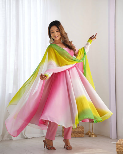Pink, Yellow & Green Ombre Pure Soft Fox Georgette Anarkali Set – A Dreamy Elegance for Festive Glam ✨