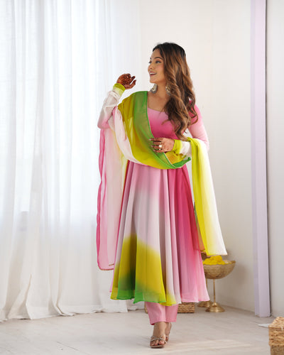 Pink, Yellow & Green Ombre Pure Soft Fox Georgette Anarkali Set – A Dreamy Elegance for Festive Glam ✨