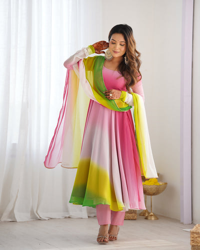 Pink, Yellow & Green Ombre Pure Soft Fox Georgette Anarkali Set – A Dreamy Elegance for Festive Glam ✨