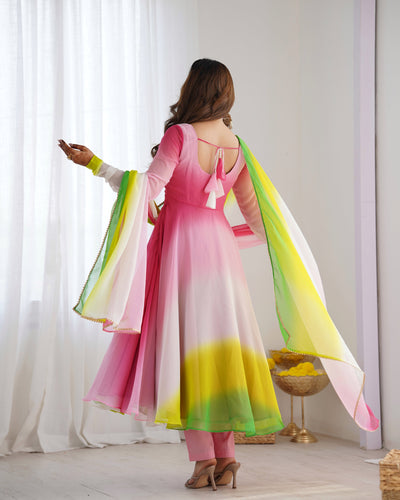 Pink, Yellow & Green Ombre Pure Soft Fox Georgette Anarkali Set – A Dreamy Elegance for Festive Glam ✨