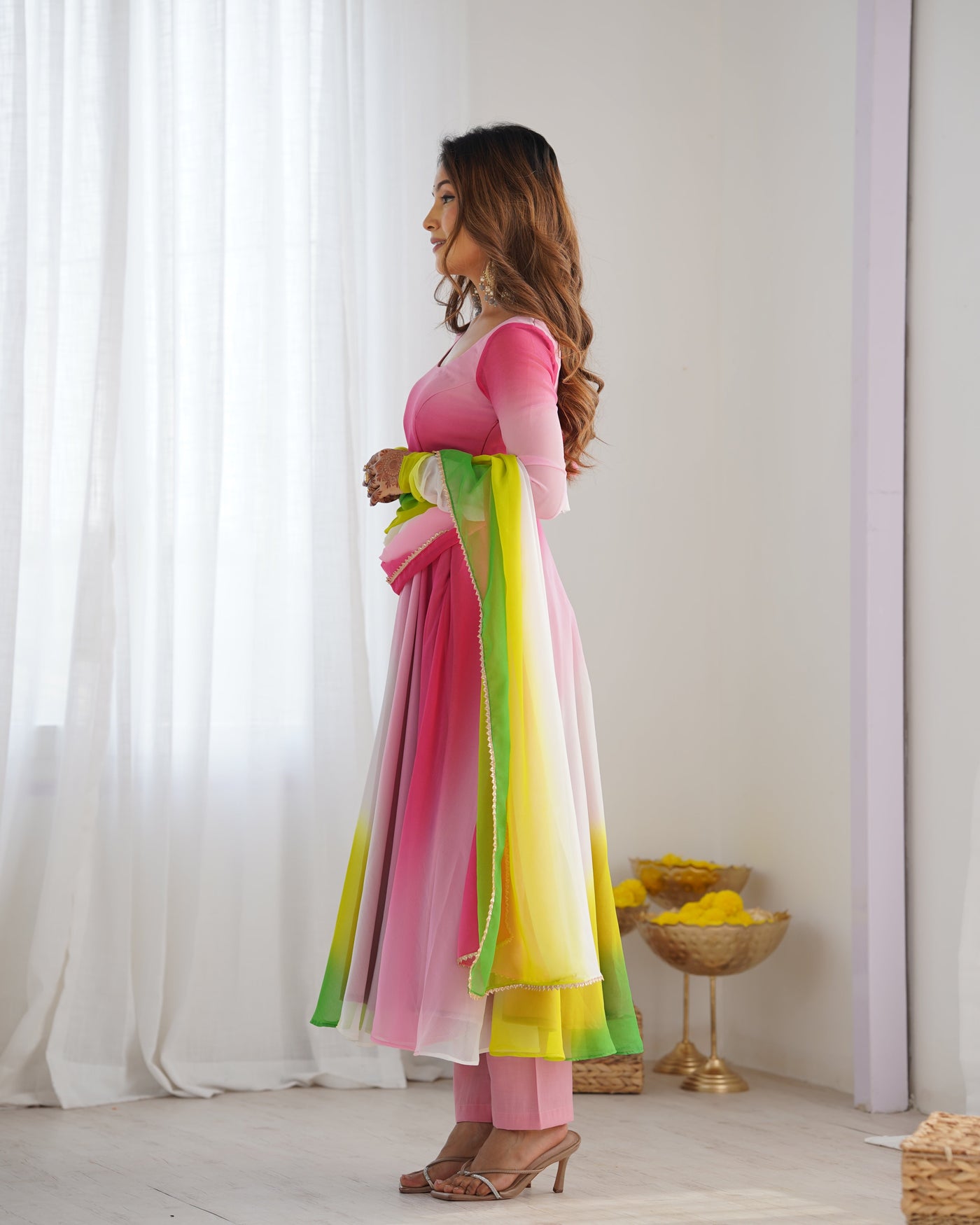 Pink, Yellow & Green Ombre Pure Soft Fox Georgette Anarkali Set – A Dreamy Elegance for Festive Glam ✨