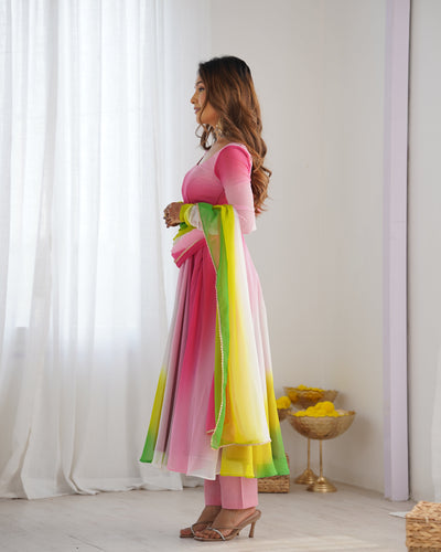 Pink, Yellow & Green Ombre Pure Soft Fox Georgette Anarkali Set – A Dreamy Elegance for Festive Glam ✨