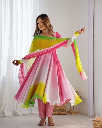 Pink, Yellow & Green Ombre Pure Soft Fox Georgette Anarkali Set – A Dreamy Elegance for Festive Glam ✨