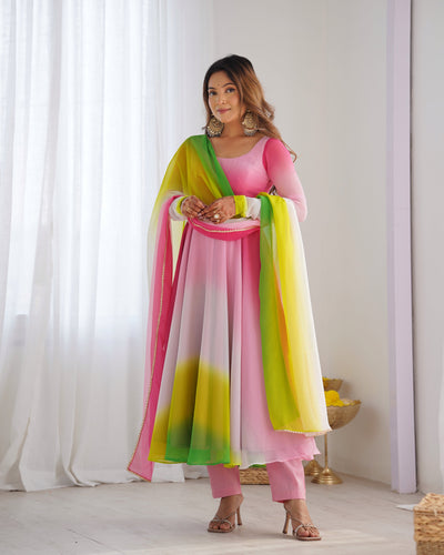 Pink, Yellow & Green Ombre Pure Soft Fox Georgette Anarkali Set – A Dreamy Elegance for Festive Glam ✨