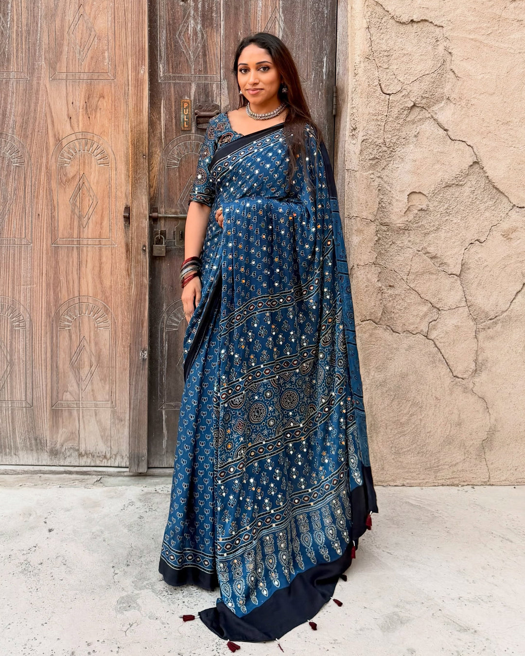 Navy Blue Modal Silk Ajrakh Printed Saree with Designer Pallu & Running Blouse