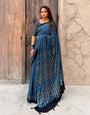 Navy Blue Modal Silk Ajrakh Printed Saree with Designer Pallu & Running Blouse