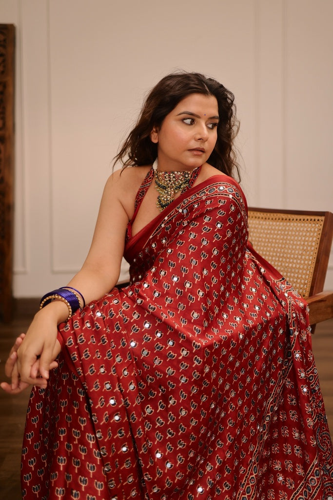 Brick Red Modal Silk Ajrakh Printed Saree with Designer Pallu & Running Blouse