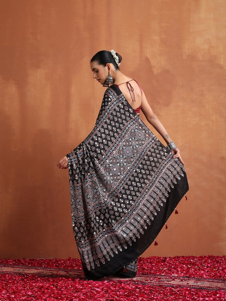 Black Modal Silk Ajrakh Printed Saree with Designer Pallu & Running Blouse