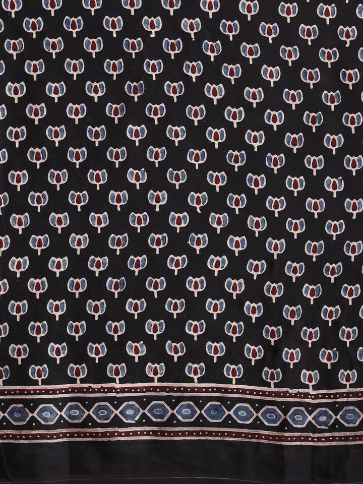Black Modal Silk Ajrakh Printed Saree with Designer Pallu & Running Blouse