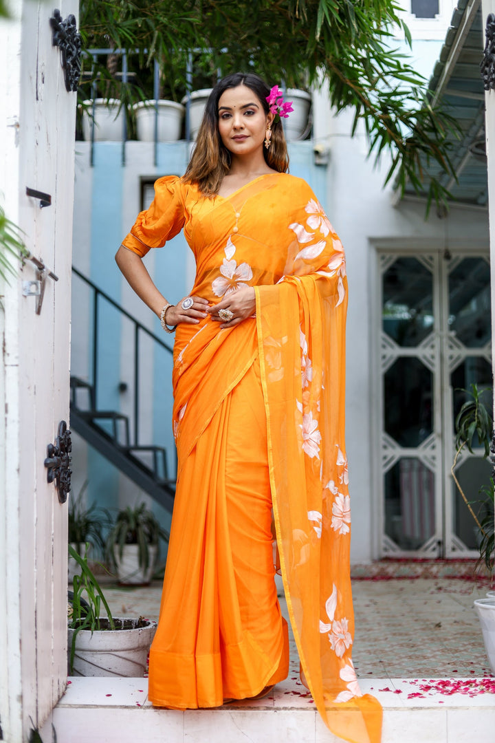 Sunshine Orange Chiffon Saree with White Floral Print | Lightweight Designer Saree with Blouse Piece