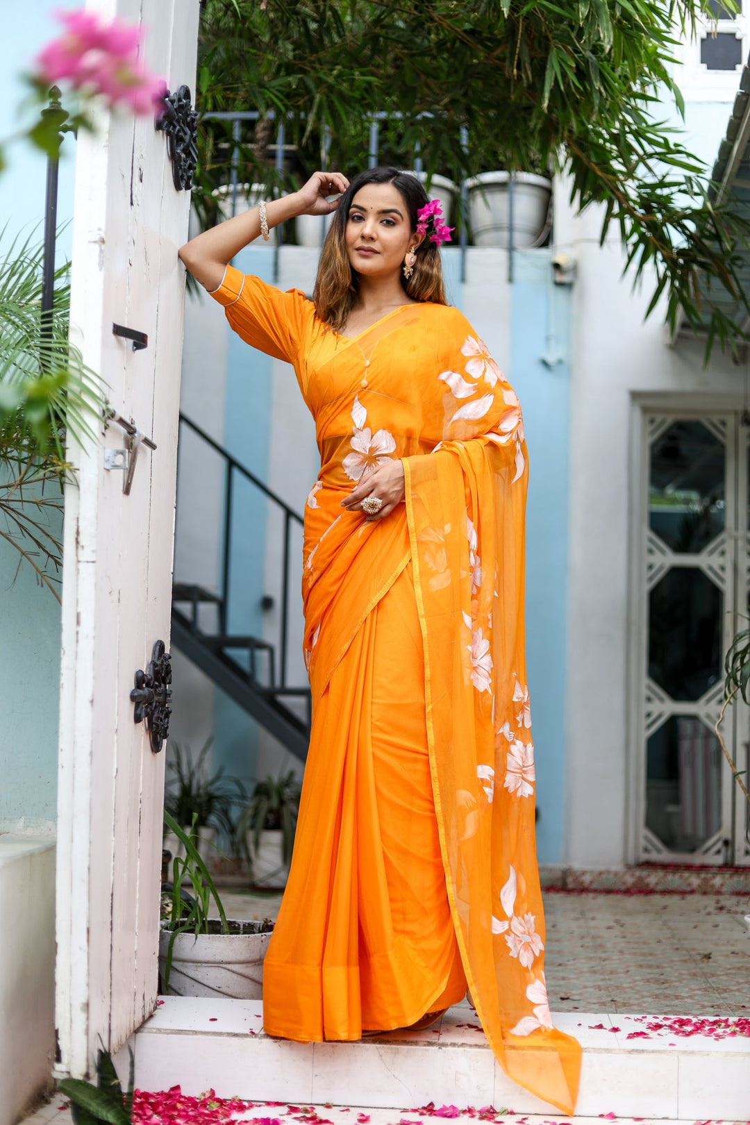 Sunshine Orange Chiffon Saree with White Floral Print | Lightweight Designer Saree with Blouse Piece