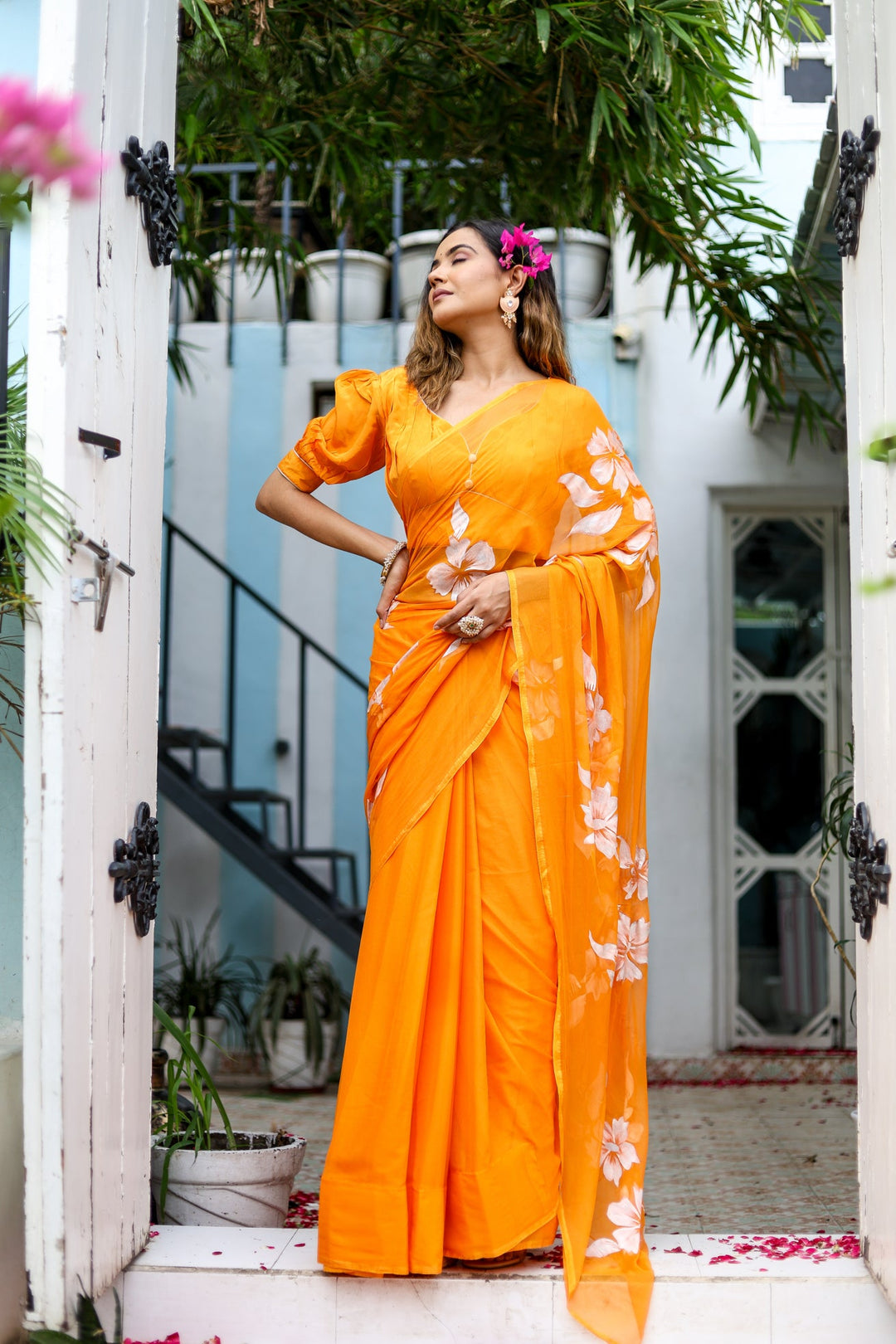 Sunshine Orange Chiffon Saree with White Floral Print | Lightweight Designer Saree with Blouse Piece